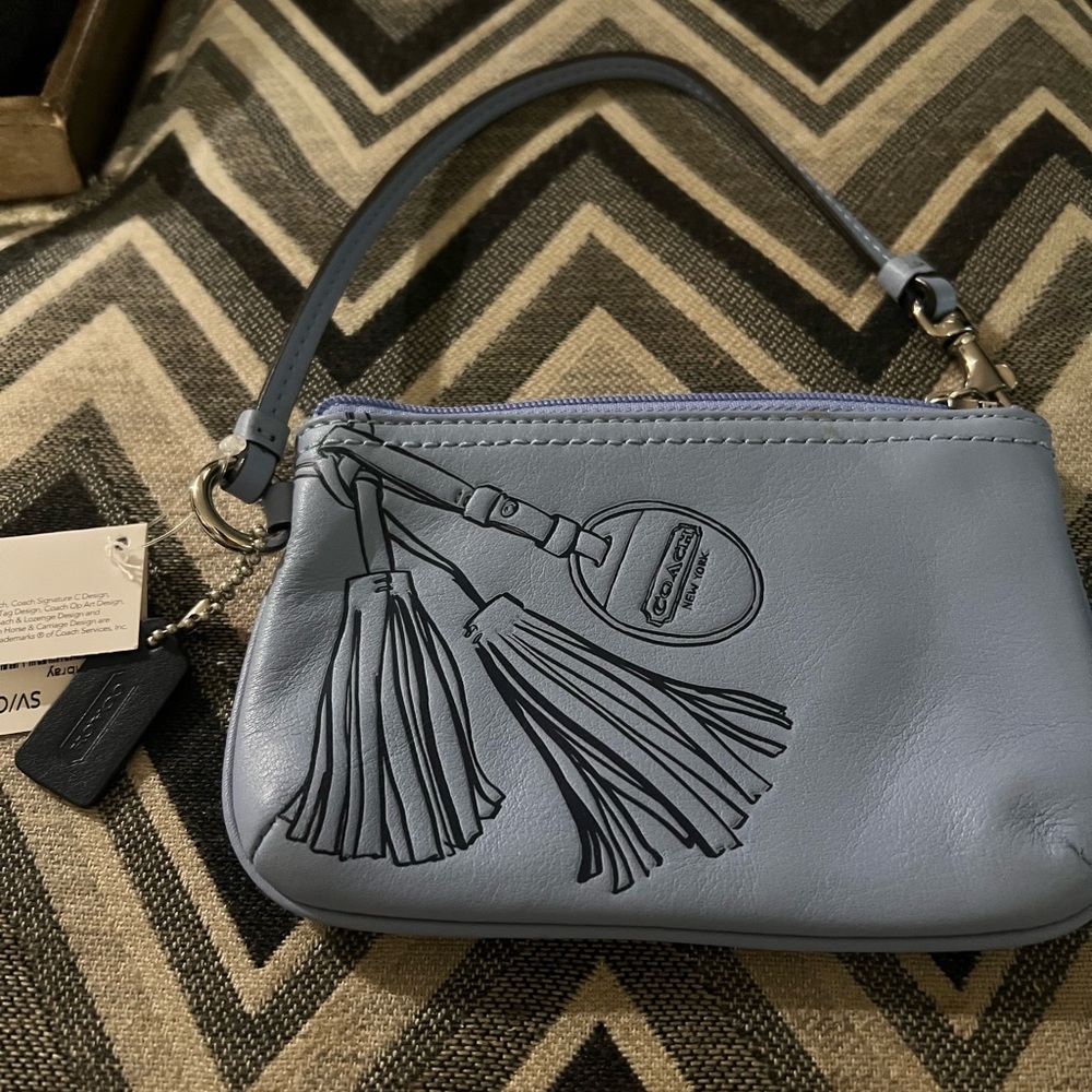 Coach Light Blue Leather Wristlet with Tassels